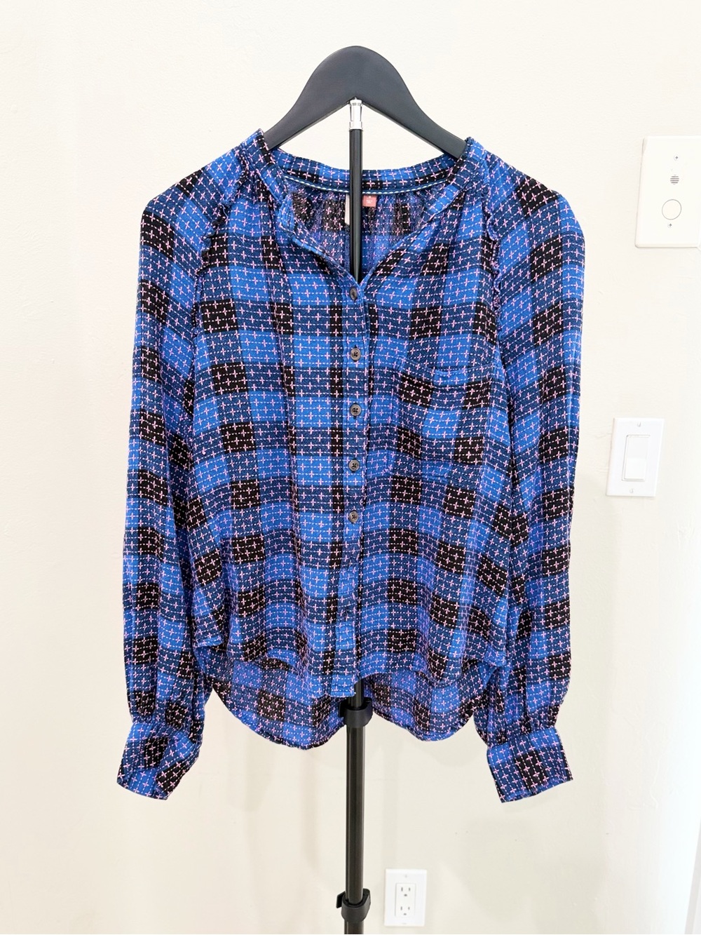 Pilcro Anthropologie Blue Black Pink Wool Blend Plaid Blouse Boho Academia - Picture 3 of 11